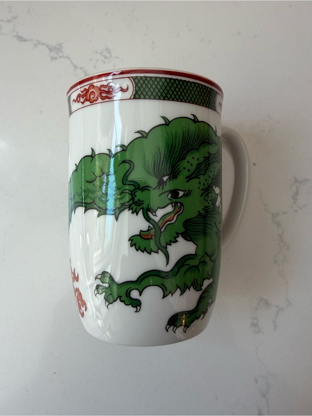 Fitz and Floyd White Mug with Green Dragon and Red Accents